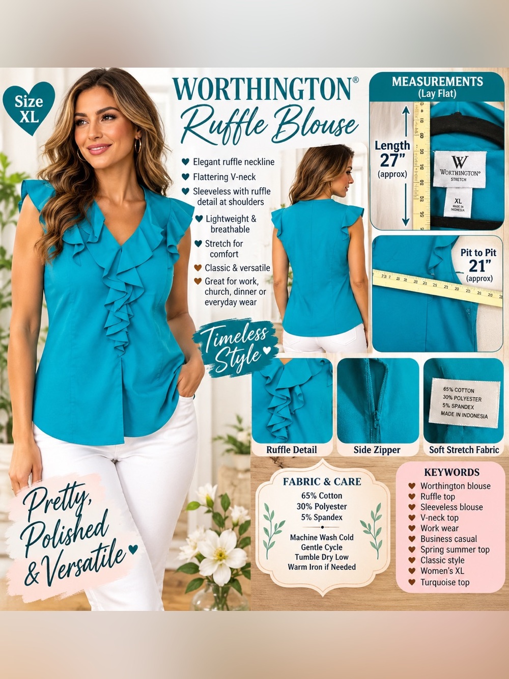 Worthington Teal Ruffle V-Neck Sleeveless Top